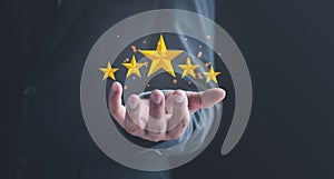 Feedback rating and positive customer review experience, satisfaction survey. Customer Experiences Concept. Five Stars Rating floa