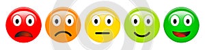 Feedback rating scale of red, orange, yellow and green emoticons, 3d Smiley icons in different colours.