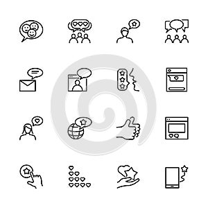 Feedback, testimony and review related line icon set