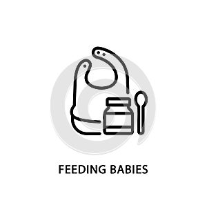 Feeding babies flat line icon. Vector illustration bib and baby puree jar and spoon. Start eating solid food with baby