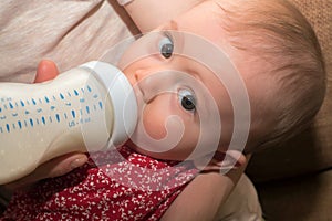 Feeding baby with infant formula in bottle photo