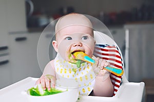 Feeding. Baby`s first solid food