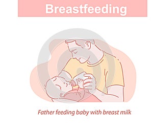 Feeding with breast milk. Father feeding baby with bottle