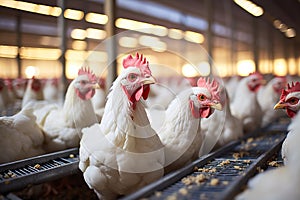 Feeding Time at the Coop Capturing the Essence of Chicken Nourishment in a Modern Indoor Poultry Farm. created with Generative AI