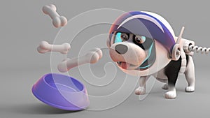 Feeding time for cute puppy dog in spacesuit, 3d illustration