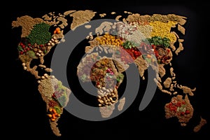 Feeding the World Sustainably, how can the world be fed in future. World Map made from different food. AI generative