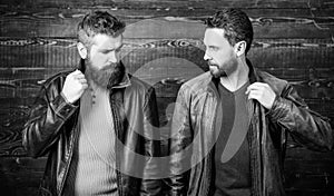 Feel confident in brutal leather clothes. Brutal men wear leather jackets. Leather fashion menswear. Men brutal bearded