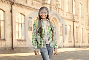 Feel free and safe. Happy child smile summer outdoors. Beauty look of child girl. Small child wear casual style. Trendy