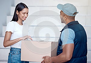 Feel free to rate our service as well. a young woman using a digital tablet to sign for her delivery from the courier.