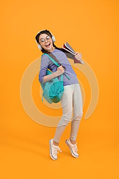 Feel the impact. Regular school day. Stylish schoolgirl. Girl carry backpack. Schoolgirl daily life. Inspired and