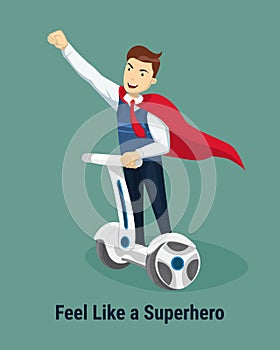 Feel like a Superhero concept. Handsome happy Businessman in a suit superhero riding on segway. Vector illustration