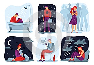 Feel loneliness. Feeling lonely, sad depressive person and social isolation vector illustration set