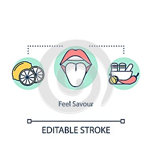 Feel savor concept icon. Mindful eating, conscious nutrition idea thin line illustration. Enjoying meal, noticing