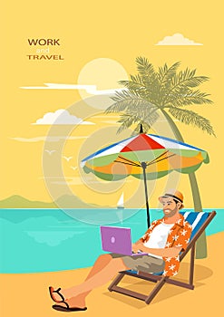 Feelancer working and rilaxing on the beach. Business Man Remote Work Place. Businessman at the beach. destination for summer