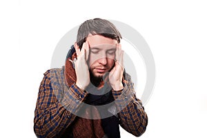 Feeling awful headache. Frustrated mature man touching his head with fingers and keeping eyes closed while standing