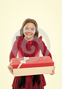 Feeling so excited. Small cute girl received holiday gift. Best toys and christmas gifts. Kid little girl in elegant