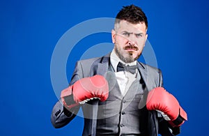 Feeling free and confident. businessman in formal suit and tie. Business and sport success. man in boxing gloves