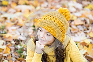 Feeling free and relaxed. autumn knitted fashion. romantic season for inspiration. happy childhood. girl relax in park