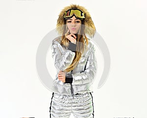 Feeling frosty. Winter warmness. Ski resort and snowboarding. woman in winter clothes. Girl in ski or snowboard