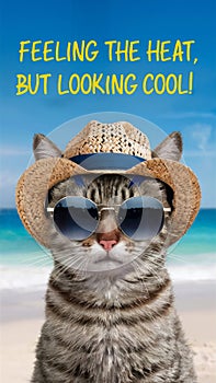 Feeling the Heat, but Looking Cool: Sunglasses-Wearing Tabby Cat at the Beach