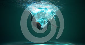 FEELING HELPLESS Cinematic underwater shot, beautiful woman dives, sinks down still under light blue water slow motion.