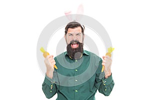 Feeling joy about holiday. eastertide. happy bearded man wear bunny ears. finally happy easter. photo