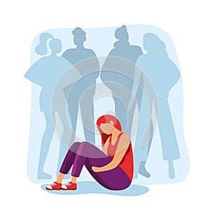 Feeling lonely, sad depressive person. Woman in depression sitting on floor among friends silhouettes