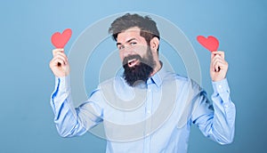 Feeling love. Dating and relations concept. Happy in love. Falling in love. Man bearded hipster with heart valentine