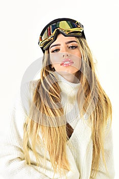 Feeling playful. Cheerful winter girl. Ski resort and snowboarding. Happy winter holidays. Girl in ski or snowboard wear