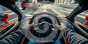 The feeling of power and control as a person grips the steering wheel of a highperformance sports car