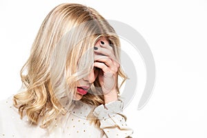 Feeling Pressure And Stress. Depressed Woman With Head in Hands Over White Background.