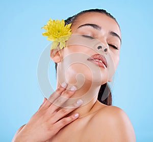 Feeling pretty. Studio shot of an attractive young woman posing with a flower behind her ear against a blue background.