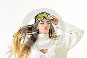 Feeling rested. Ski resort and snowboarding. Winter sport and activity. Happy winter holidays. Girl in ski or snowboard