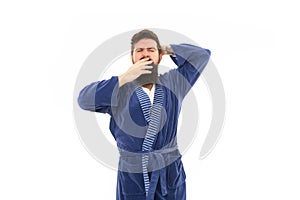 Feeling sleepy. Sleepy hipster yawn isolated on white. Bearded man look sleepy in bathrobe. Early morning time. Good