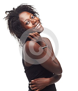 Feeling ticklish today. Portrait of a beautiful young woman expressing positivity on a white background.