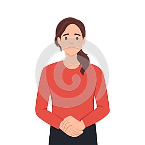 Feeling worried and frustration concept. Young irritated frustrated woman cartoon character standing touching chick looking at