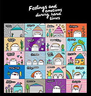 Feelings and emotions while hard times hand drawn vector illustrations in cartoon comic style set of people in isolation