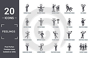 feelings icon set. include creative elements as curious human, sca human, safe human, stupid horrible energized filled icons can