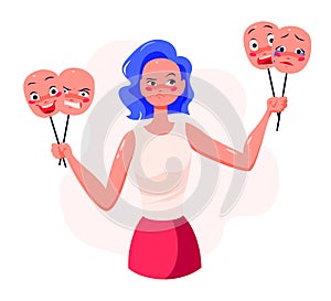 Young woman cartoon character holding masks with different facial expressions to control her emotions, choose different attitude.