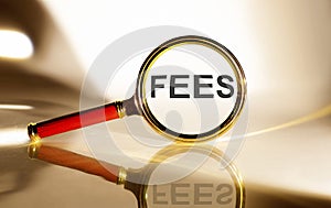 FEES concept. Magnifier glass with text on white background in sunlight