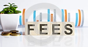 FEES word letters on the wooden blocks with coins. BUSINESS concept