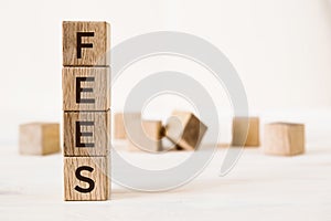 Fees word written on wooden cubes on light background with copy space