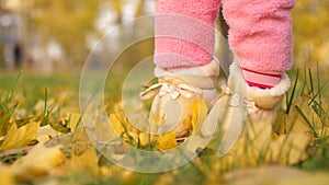 Feet of baby jumping on autumn leaves.