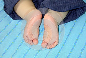 Feet of baby, soft and delicate. Chubby leg.