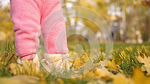 Feet of baby walk along autumn leaves.