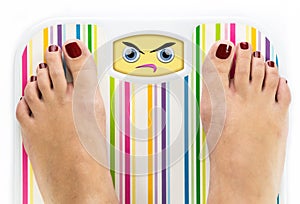 Feet on bathroom scale with angry cute face