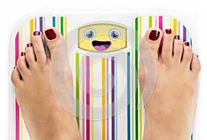 Feet on bathroom scale with laughing cute face