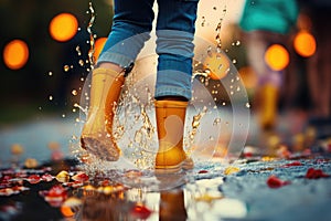 Feet of child in rubber boots jumping over a puddle in the rain