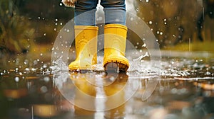 Feet of child in yellow rubber boots jumping over a puddle in the rain