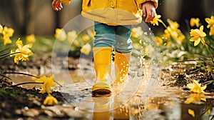 Feet of child in yellow rubber boots jumping over a puddle in the rain.